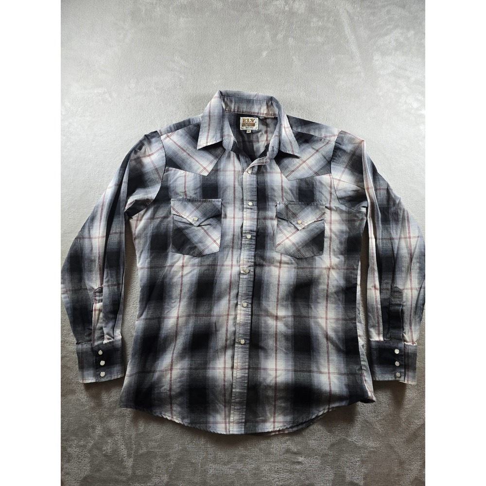 Ely Cattleman‎ Western Shirt Mens Medium Plaid Pearl Snap Long Sleeve Cowboy